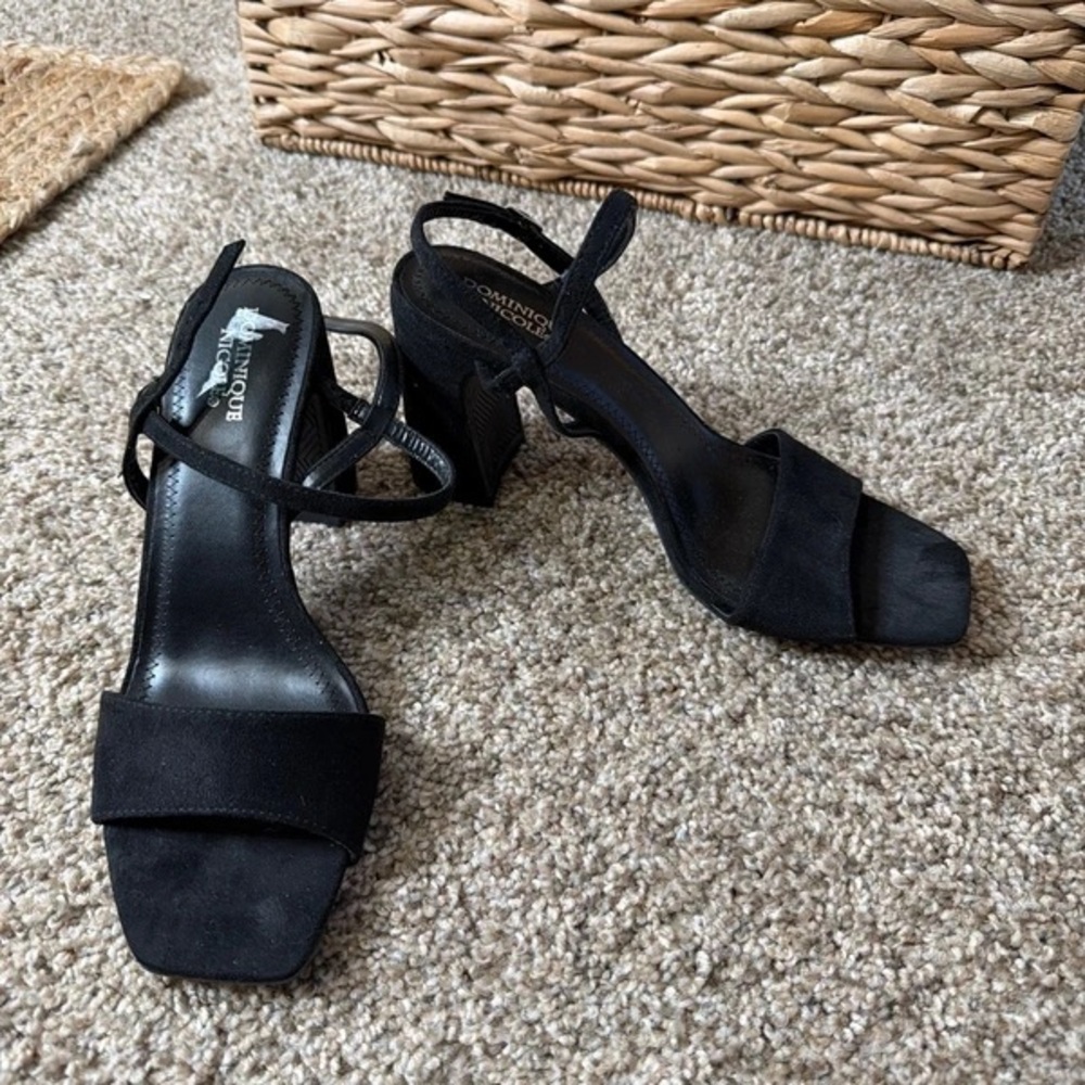 Monroe & Main Black Suede Square Toe Strappy Block Heels